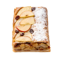 Delicious apple strudel with sliced apples and raisins on top