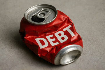 Crushed Red Soda Can Labeled “Debt” as a Symbol of Financial Pressure