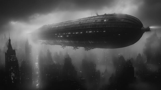 Moody grayscale footage shows airship hovering over foggy urban skyline