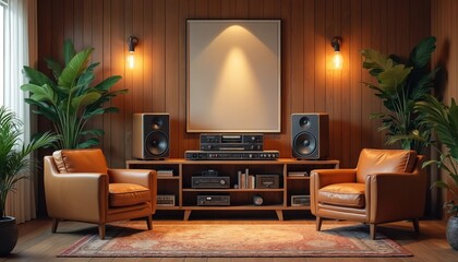 Cozy retro living room interior. Leather armchairs, wooden wall panels, vintage stereo equipment, speakers. Plants, rug, decor create home atmosphere. Warm lighting, home comfort.