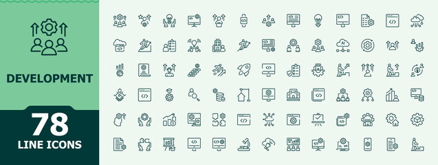 Development simple icon set. Contains such symbols as process, challenge, strategy, innovation, business and more. Minimal icons pack. Editable stroke. Vector collection. Innovation simple icon set.