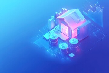 Isometric illustration of a house with financial charts and coins, symbolizing real estate investment and financial growth