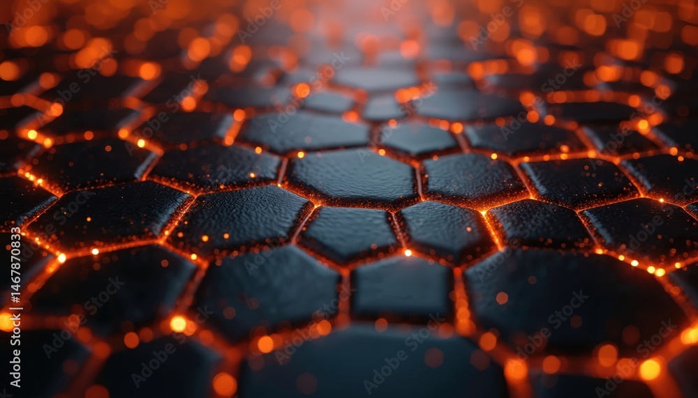 Poster abstract background, black glowing honeycomb hexagons with fiery orange backlight. 3d render of digi