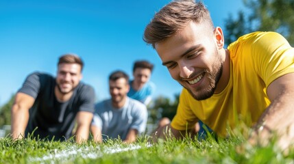 Team sports activity young men on grass field in sunlight
