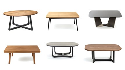 Collection of Various Coffee Tables, from Classic Wood to Sleek Modern Steel, Isolated on a White Background