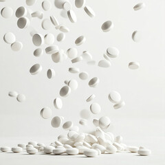 White tablets and round pills falling on a white background