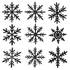 Nine hand-drawn snowflakes, black and white, for winter holiday designs