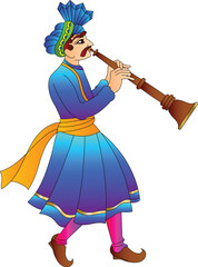 Indian wedding trumpet players were drawn in Indian folk art, Rajasthani style. for textile printing, logo, wallpaper, and wedding card, wedding.