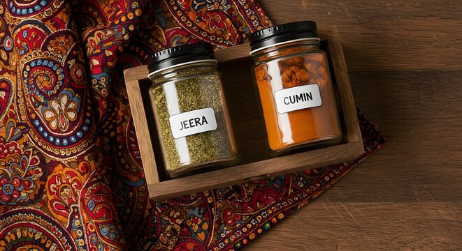 Two spice jars labeled jeera and cumin in a wooden box on a patterned cloth surface