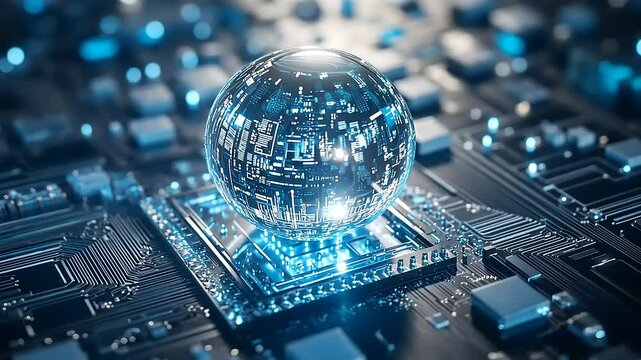 A glass sphere with glowing circuitry hovers over a circuit board, bathed in blue light