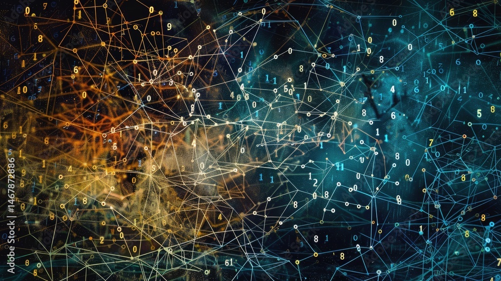 Poster explore an abstract representation of connections and data flow, featuring an intricate network of l