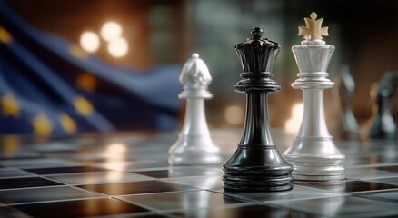 Chess Game Showcasing Black and White Pieces With a European Backdrop During an Evening Match