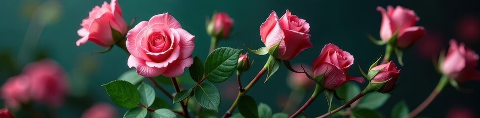 Fototapeta premium Crystal rose stem with natural fiber botanical roses and foliage , detail, macro, event