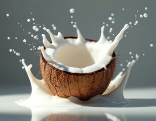 Coconut milk splash with coconut fruit half. White drink pouring, macro close up of healthy fresh dairy product. Cream liquid flowing in motion, refreshing beverage for healthy lifestyle.