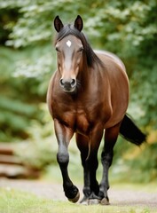 Obraz premium Horse Trotting Along a Forest Trail on a Sunny Day in the Countryside