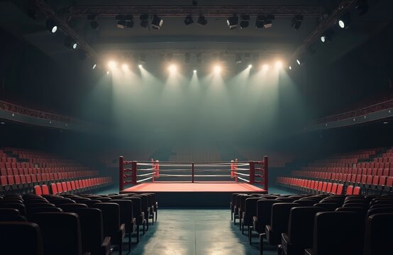 Empty boxing ring with red seats around. Arena stadium, spotlights shine. No people, ready for fight competition. Boxing event sport championship in indoor hall. - Powered by Adobe