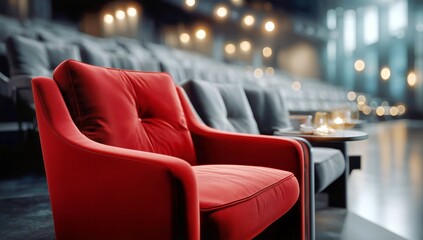 Empty Red Cinema Seat Highlights Modern Theater Design With Spacious Surroundings and Comfortable Seating