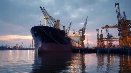 Obraz premium Large cargo ship docked at twilight port.