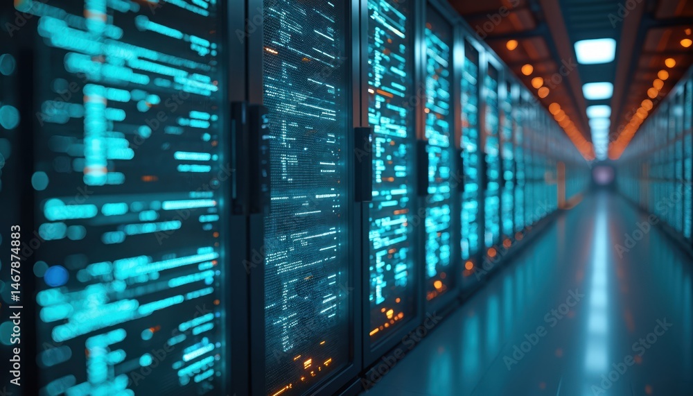 Poster Abstract representation data center. Glowing blue streams of data flowing across wall servers. Concept of speed innovation, digital transformation, big data processing.