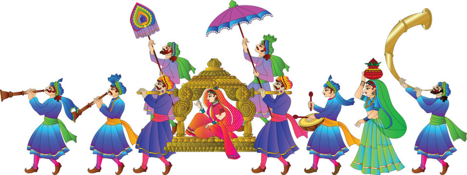 Indian Wedding Ceremony. wedding procession. The bride is carried in a Doli, and the bride's departure is a significant part of the farewell ceremony.