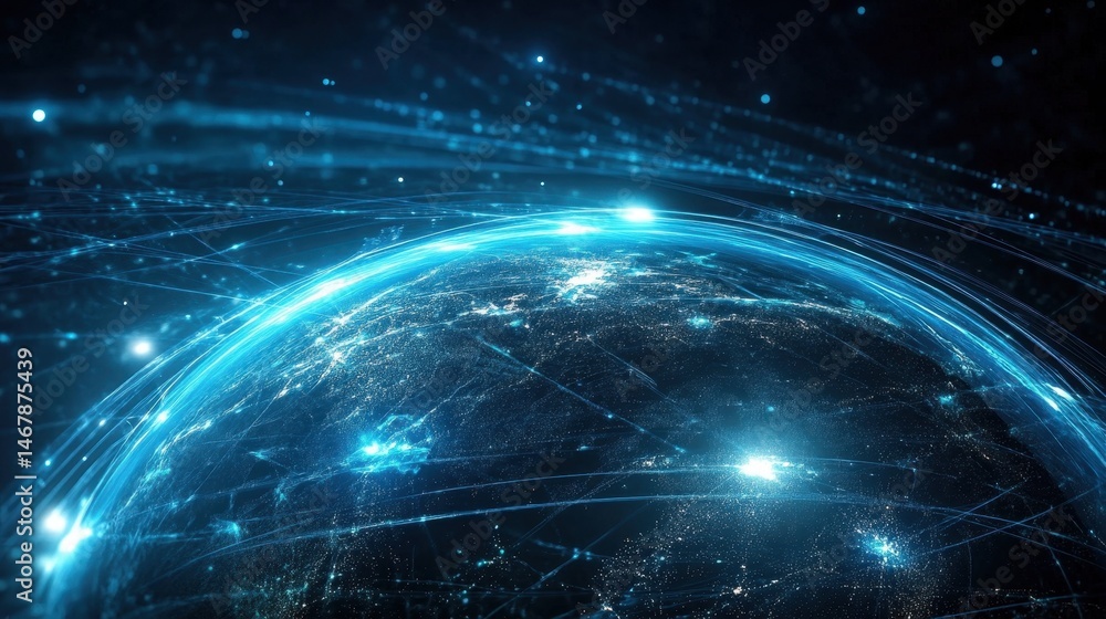 Aufkleber a stunning representation of a digital globe surrounded by bright light trails in space. this abstra