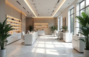 Modern beauty salon interior design. Clean white aesthetic with minimalist furniture. Spacious open area with beauty products on display. Empty workspace with chairs, tables. Clean lines, natural