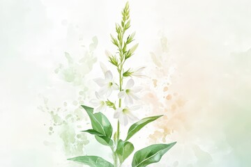 Delicate watercolor illustration of a white flower and leaves.