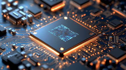 Fototapeta premium powerful computer processor microchip with the word representing artificial intelligence, AI technology, artificial intelligence, super computer, futuristic technology, network, cyber