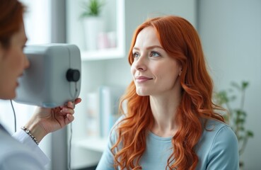 Redhead woman undergoing hearing test at clinic. Audiologist checking ear with impedance audiometry equipment. Modern auditory exam, deafness diagnostics, hearing aid care.