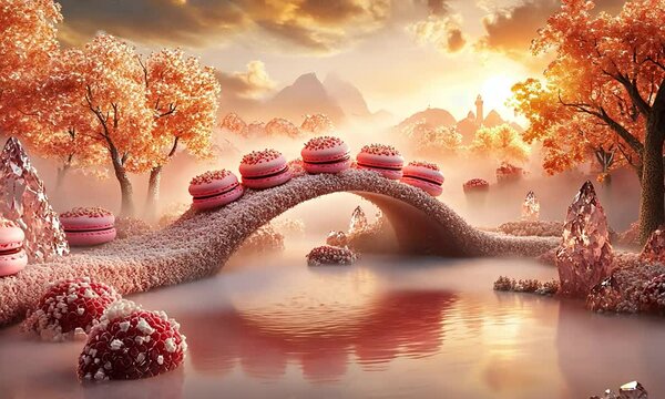 A whimsical landscape featuring a bridge made of macarons spanning a serene river, surrounded by vibrant autumn trees and mystical crystal formations at sunset