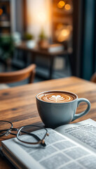 Coffeehouse interior. Blurred bokeh background. Cup of cappuccino. Open book