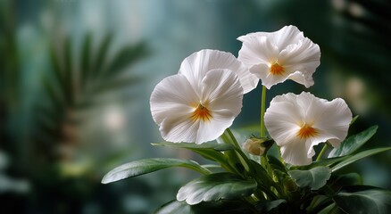 Fototapeta premium White Pansy Flowers Blooming in a Lush Green Garden With Soft Natural Light