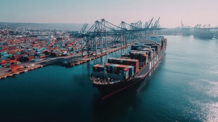 Obraz premium Large cargo ship moored at a port, seen from above.