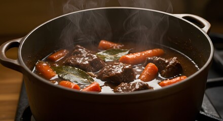 A close up shot of a pot of beef stew with carrots and bay leaves steaming on a stovetop