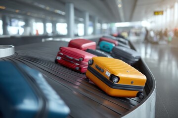 Passengers Await Their Luggage at the Busy Airport Baggage Carousel With Colorful Suitcases Spinning Around Generative AI