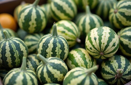 Pile of fresh pointed gourds on shop sale. Green and white striped vegetable with fresh stems. Nourishing ingredient for cooking, healthy food. Harvested in farm garden.