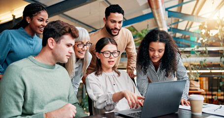 Group, business and people with laptop in office for planning, review website and proposal feedback. Staff, teamwork and online for brainstorming, information and schedule update for project solution