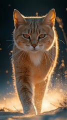A beautiful cat walks through golden light. AI.