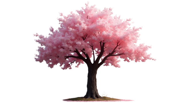The stunning cherry tree stands tall and proud against a clear, transparent background, allowing its beauty to shine through.Generative AI. Pink blossom leaves, floral nature landscape in japan garden