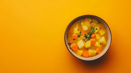 High-angle,  shot of a bowl of vegetable soup, featuring diced potatoes and carrots in a light broth.  The bowl is set against a vibrant orange background.