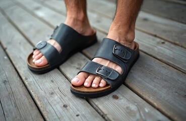 Close-up photo of old man feet in stylish leather sandals. Man wears grey open-toe sandals with buckles on wooden deck surface. Relaxed summer footwear, vacation style, casual wear, beach vibe.