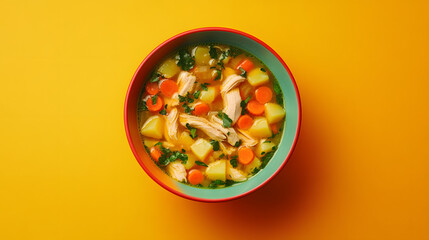 High-angle close-up view of a bowl of chicken vegetable soup.  The soup is colorful and garnished with fresh herbs.
