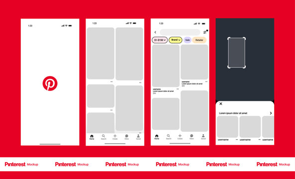 Pinterest photo frame UI mockup template - Light Mode. Pinterest board, pin, and user profile layout with bright and clean interface for visual discovery and inspiration.