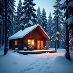 Cozy cabin nestled in snowy woods, fireplace glow visible, christmas, idyllic, wood