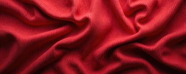 Red sport jersey fabric texture background with soft folds and ribbed pattern. Abstract cloth material for t-shirts, athletic wear and apparel. Glossy surface shows high quality.
