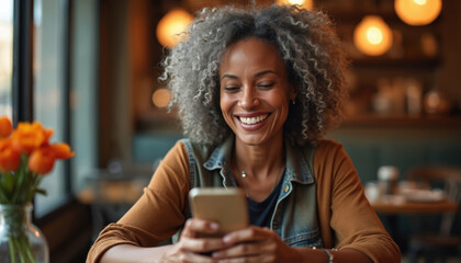 Smiling African American woman at cafe using smartphone. Middle aged female looks at mobile phone. Happy lady with grey curly hair chatting. Generative AI.