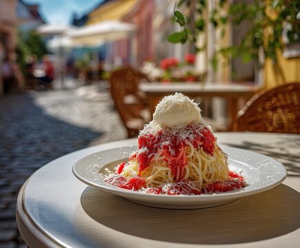 Spaghettieis dessert served on a white plate