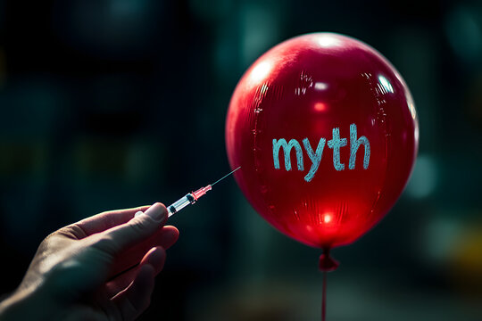 Red balloon with the word myth about to be popped by hand holding needle, concept of myth busting, truth revelation, false belief exposure, debunking, critical thinking visual