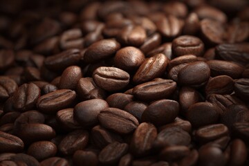 Fototapeta premium Close-up of roasted coffee beans. Rich, dark brown tones.