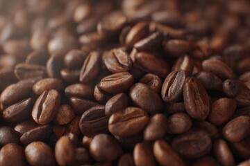 Close-up of roasted coffee beans. Rich, dark brown tones.